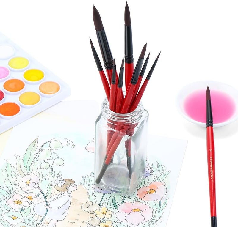 TRANSON Round Paint Brush Set 9pcs Synthetic Sable Hair for Acrylic Painting Watercolor Painting Gouache Ink Craft and Detail Painting - Image 5